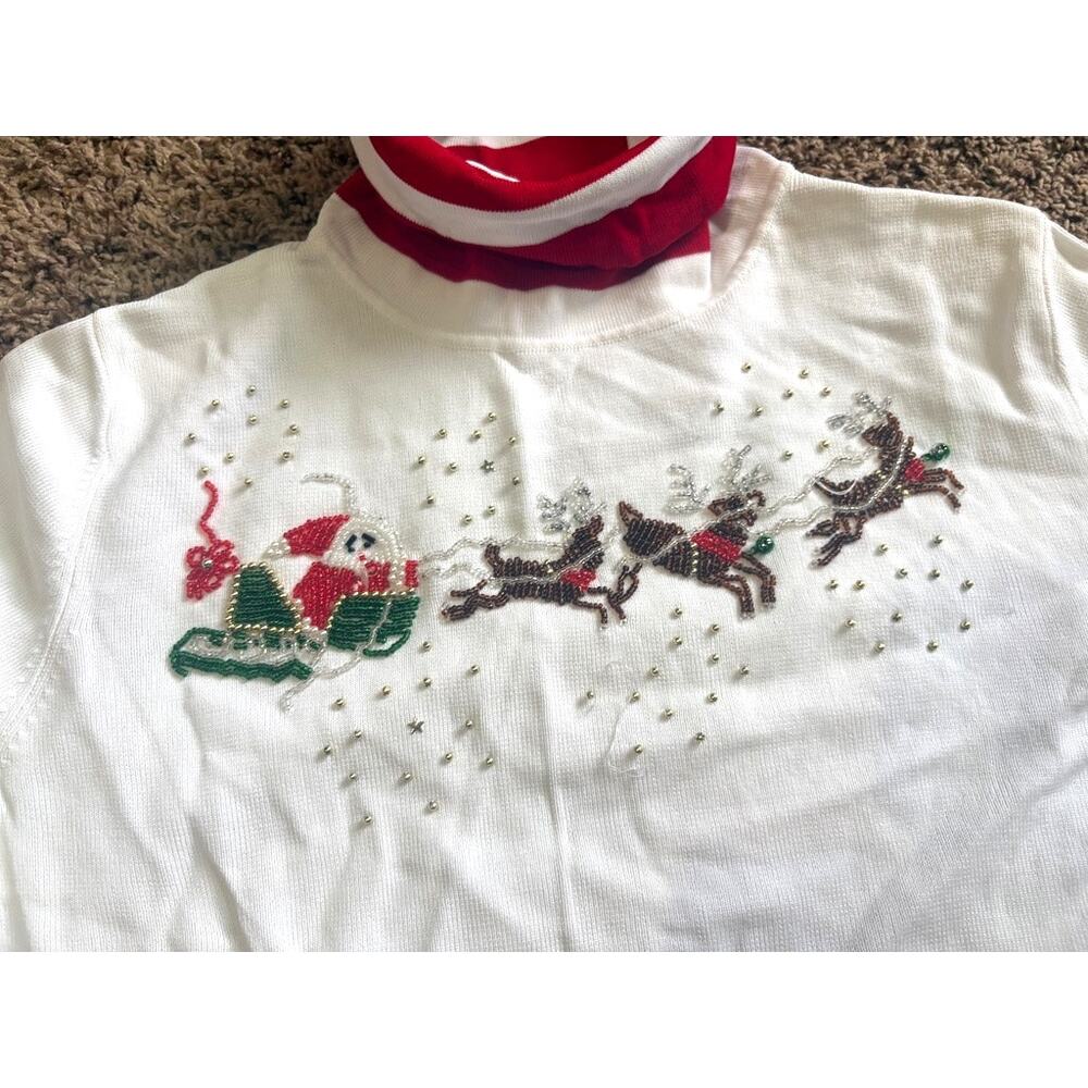 Vintage Women's Beaded Christmas Santa & Reindeer Turtleneck Sweater Medium